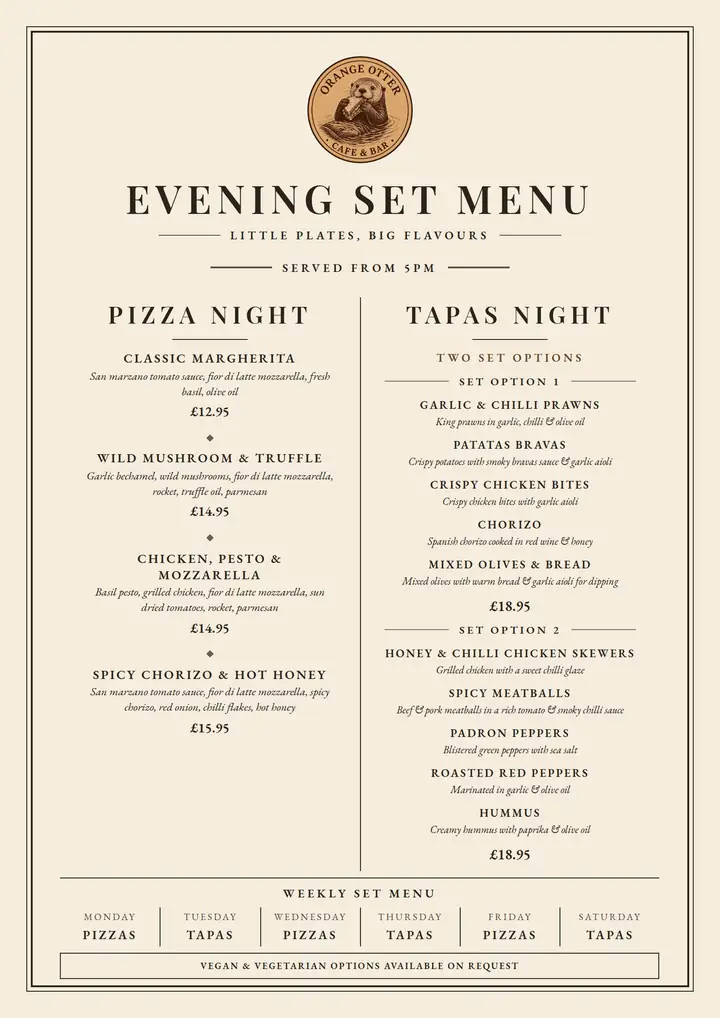 Evening set menu preview