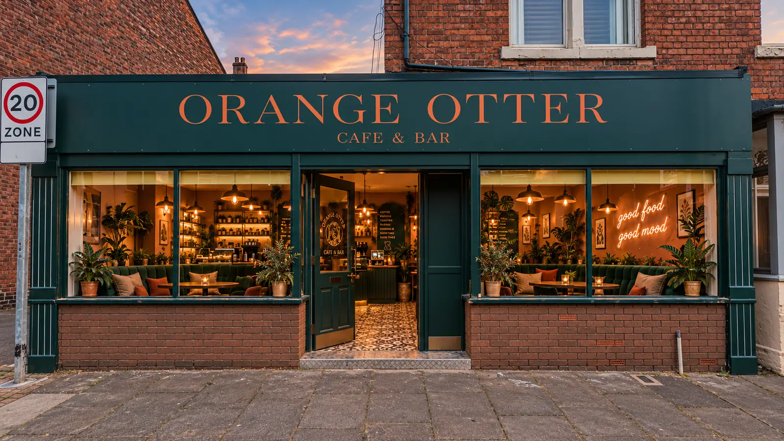 Orange Otter cafe and bar shopfront on Mortimer Road at dusk, deep green frontage with orange lettering and warmly lit windows